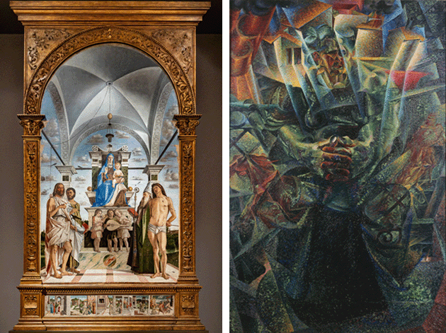 [left] Bartolomeo Montagna, Madonna Enthroned with Infant Jesus among Saints, 1485. Museo Civico, Vicenza, Italy. Image: © Ghigo G. Roli / Art Resource, NY [right] Umberto Boccioni, Materia, 1912. Private collection, Milan. Image: Bridgeman-Giraudon / Art Resource, NY